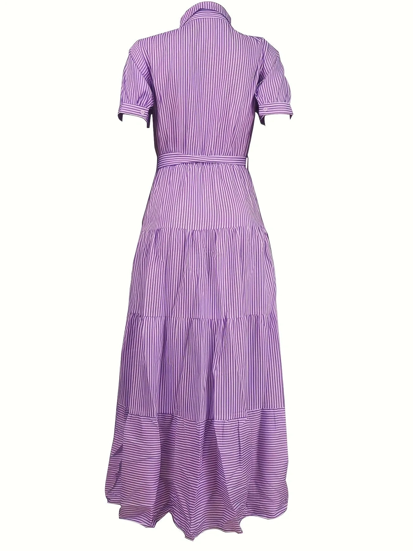 Women's New Fashion Stripe Printed Short Sleeve Loose Waist Strap Long Collar Ankle Single Breasted Dress