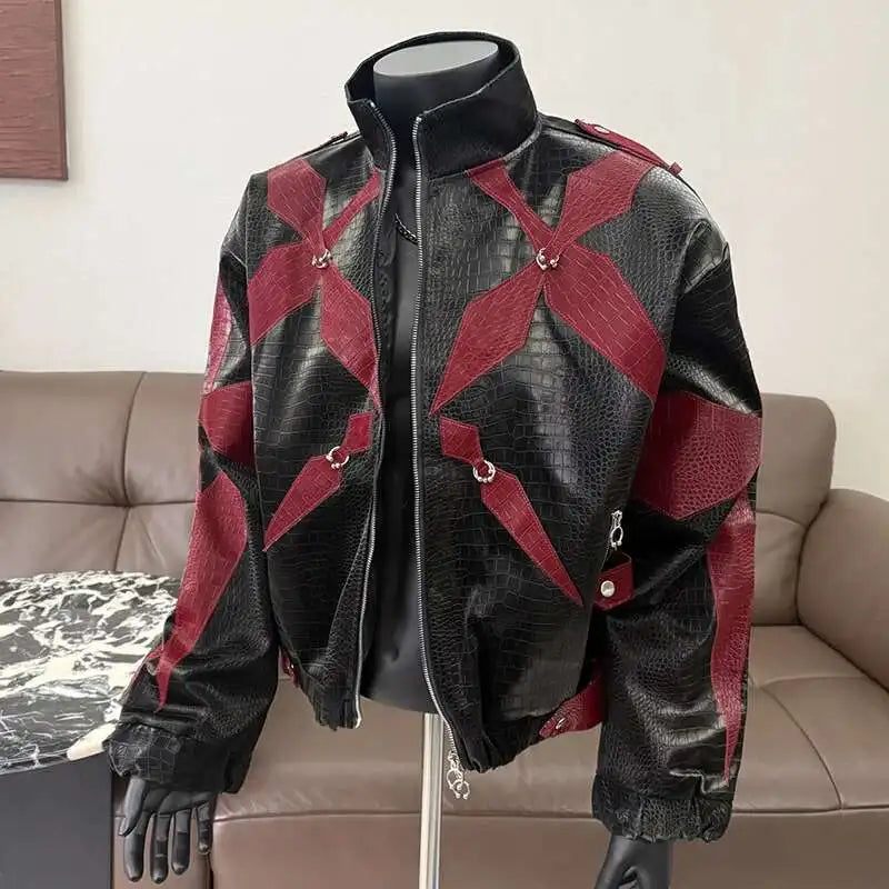 PFHQ Men's PU Leather Jacket 2025 Zipper Stand Collar Contrast Color Korea Fashion Darkwear Casual Male Tops