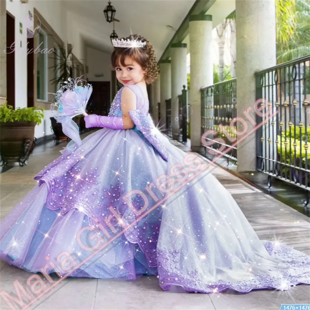 New Flower Girl Dress Lavender Appliqué Fluffy Bow Kids Birthday Pageant Party Dress