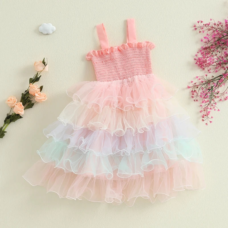 Lioraitiin Baby Girls Slip Dress Casual Sleeveless Contrast Color Layered Summer A-Line Tulle Princess Dress
