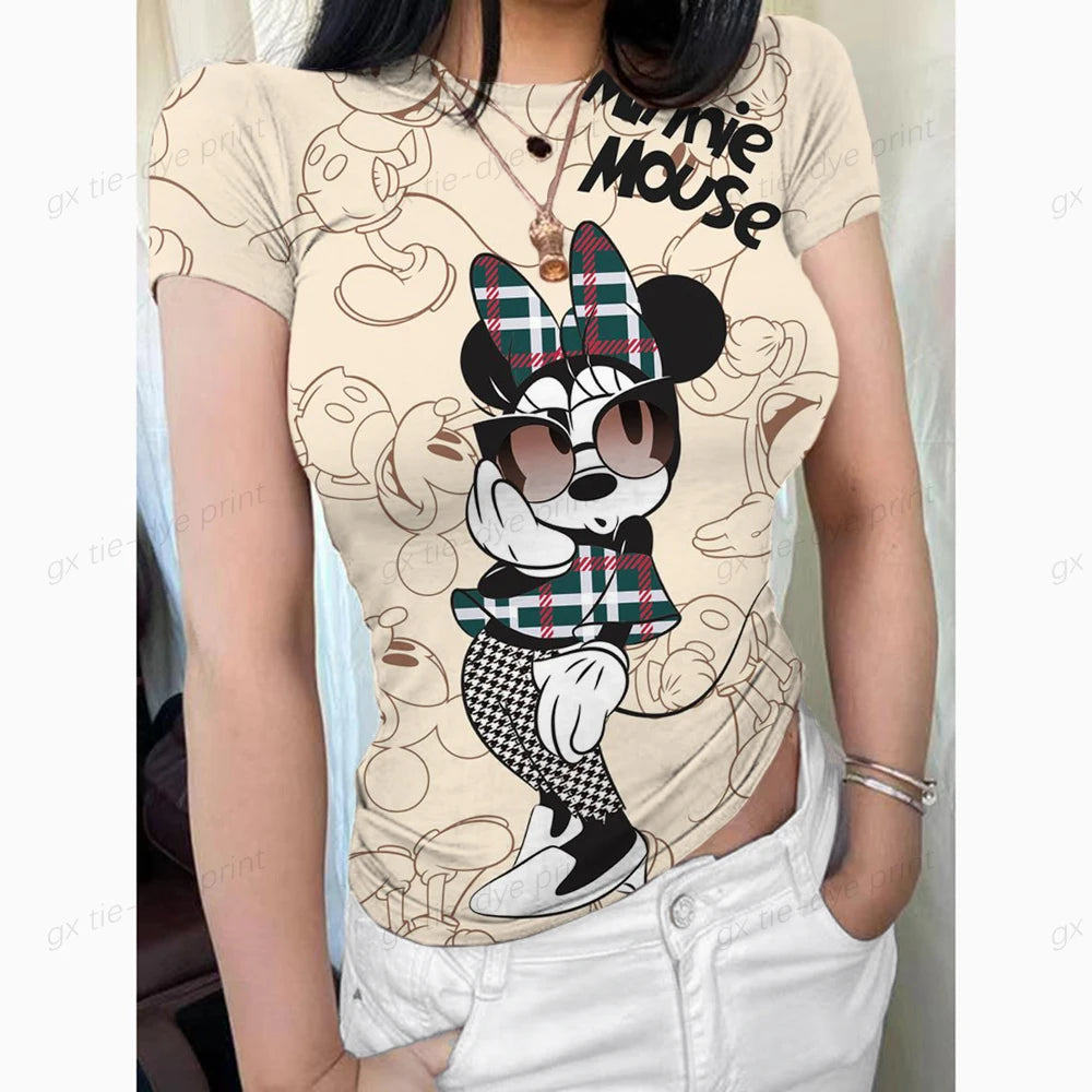 2024 Summer New Short Sleeve T-Shirt Women Mickey Mouse Print Simple Casual Soft All-Match Basic Tops Tees Summer Fashion