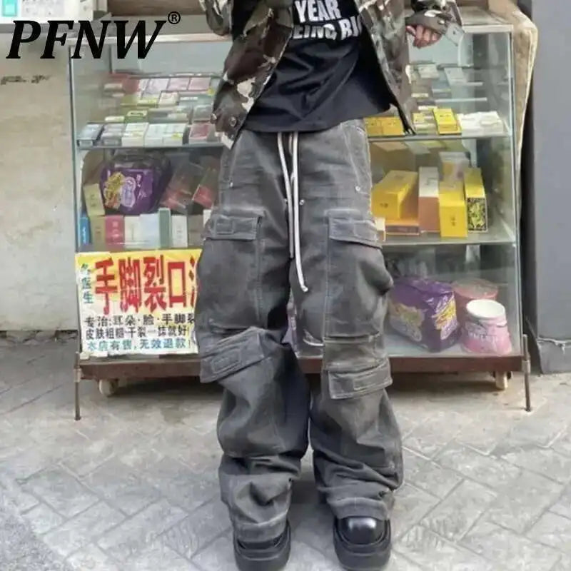 PFNW High Street Drawstring Zipper Sliced Wide Leg Cargo Pants Men Casual Loose Straight Trousers Denim 28W5963