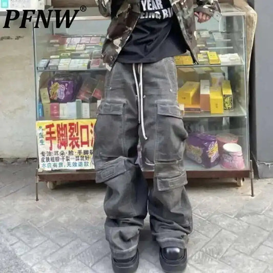 PFNW High Street Drawstring Zipper Sliced Wide Leg Cargo Pants Men Casual Loose Straight Trousers Denim 28W5963