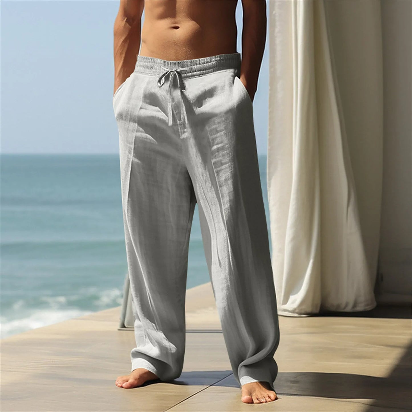 Loose Men's Cotton Linen Pants Summer Breathable Solid Color Trousers Fitness Streetwear Plus Size