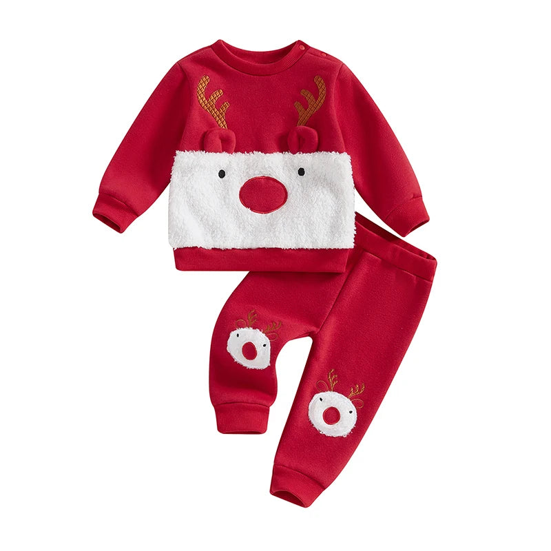 Kids Christmas Pajamas Set Elk Embroidery Long Sleeve Top Pants
