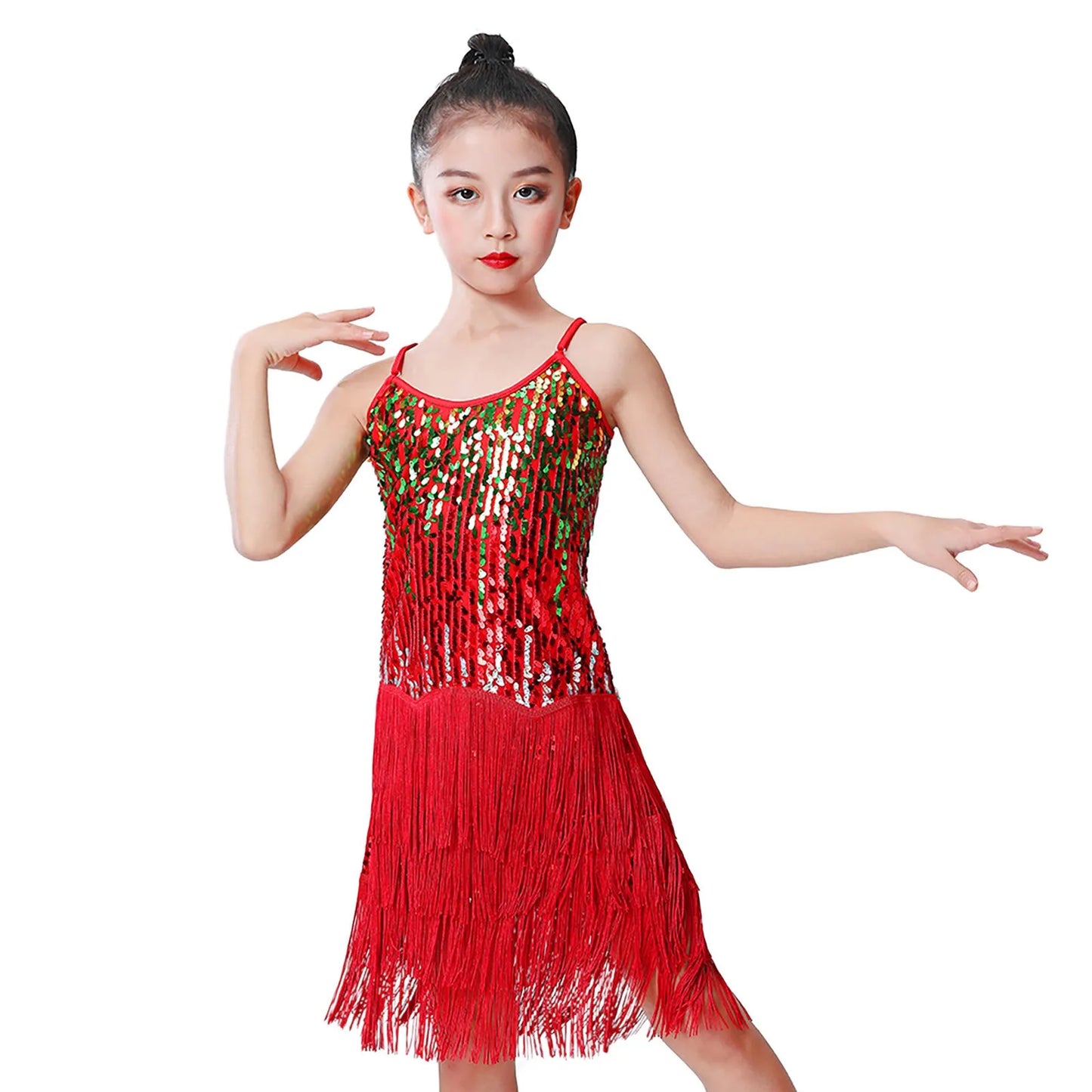 Girls Sequin Slip Dress Latin Dance Performance Dress Fringe Stage Show Holiday Dress