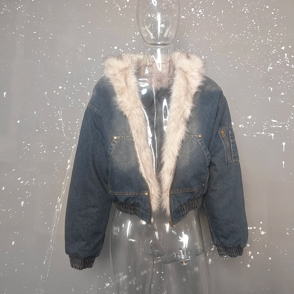 PFNW Menswear Thickened Denim Quilted Padded Jacket Autumn Winter Trend 2024 New Oversized Fur Collar Hooded Coat