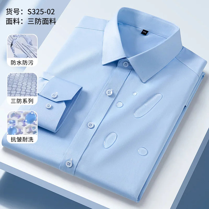 Oil Proof Waterproof Men's Formal Long Sleeve Shirt High Quality Business Leisure Free Ironing Slim Fit Three Prevention