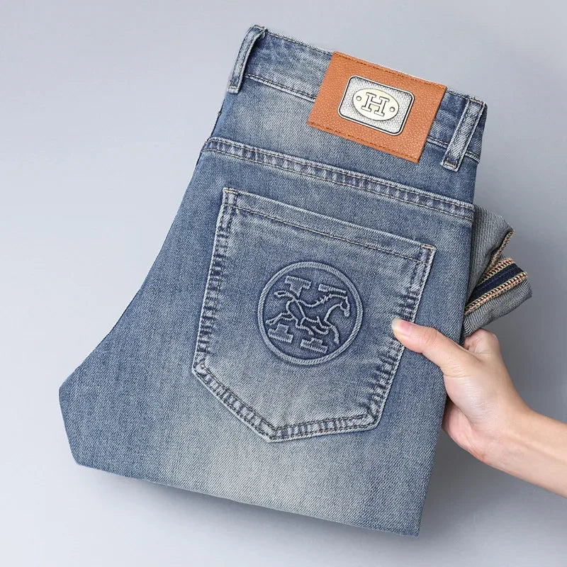 2024 Men's Fashionable Simple Stretch Slim Fit Denim Trousers European Style High Quality Casual Pants