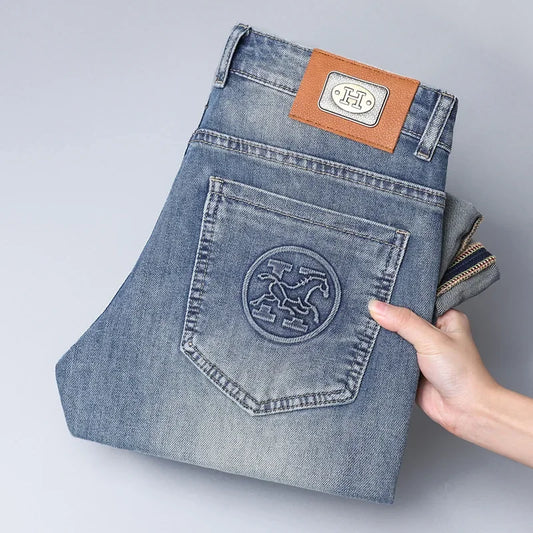 2024 Men's Fashionable Simple Stretch Slim Fit Denim Trousers European Style High Quality Casual Pants