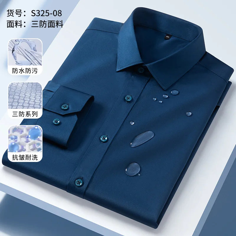 Oil Proof Waterproof Men's Formal Long Sleeve Shirt High Quality Business Leisure Free Ironing Slim Fit Three Prevention