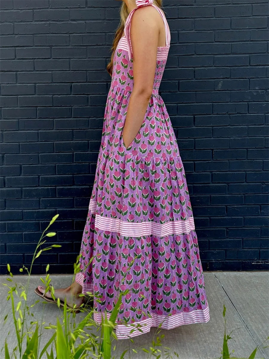 Elegant Maxi Dress with Boho Floral Print and Adjustable Tie Up Straps Sleeveless Summer Fashion Cami Dress for Women