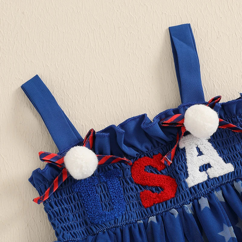 Pudcoco Little Girl 4th Of July Dress Star Print Plush Ball Sleeveless Smocked A-Line Dress For Spring Summer 6M-4T