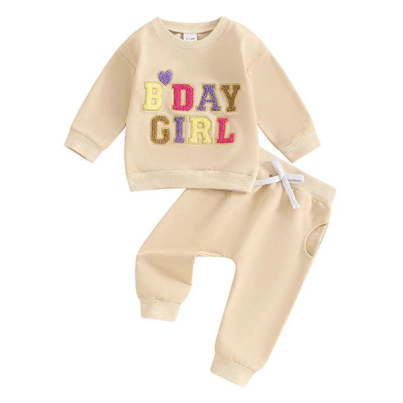 Lioraitiin Baby Girl 2 Pieces Birthday Outfit Long Sleeve Letter Embroidery Pullover and Pants Set Toddler Fall Clothes