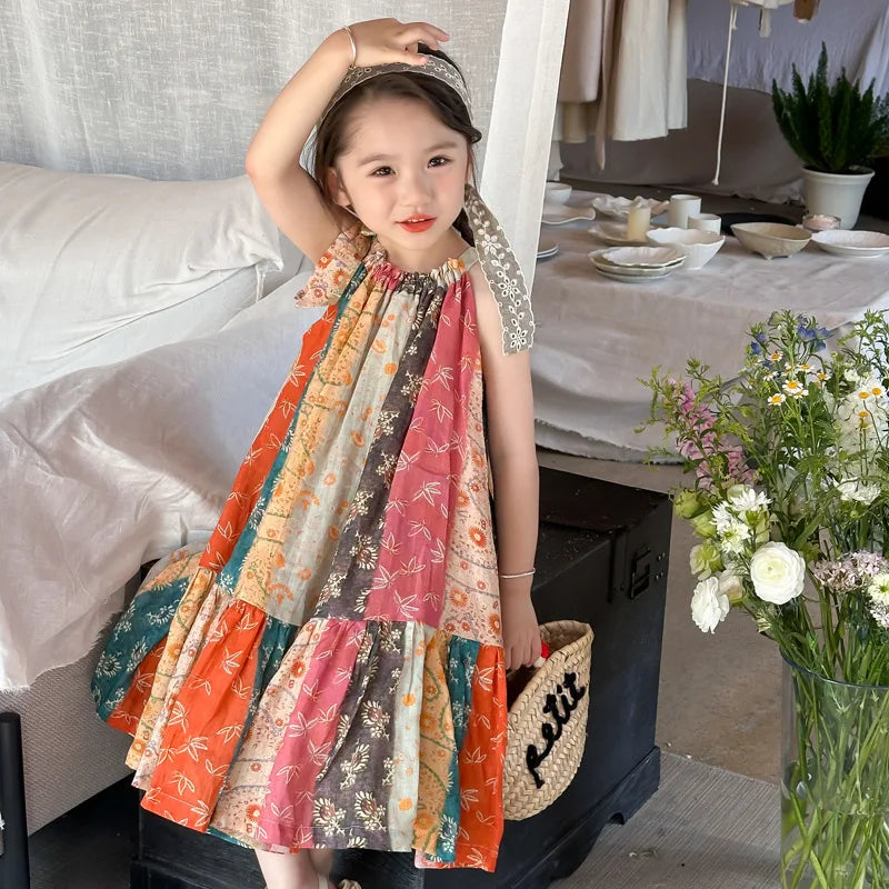 Girls Casual Dresses Floral Print Halter Sleeveless Top Dress