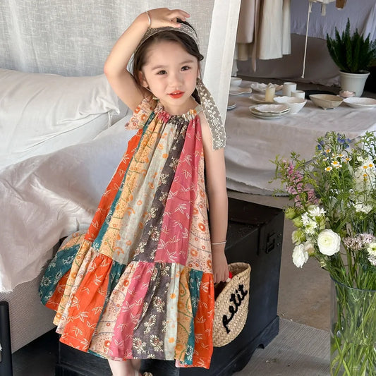 Girls Casual Dresses Floral Print Halter Sleeveless Top Dress