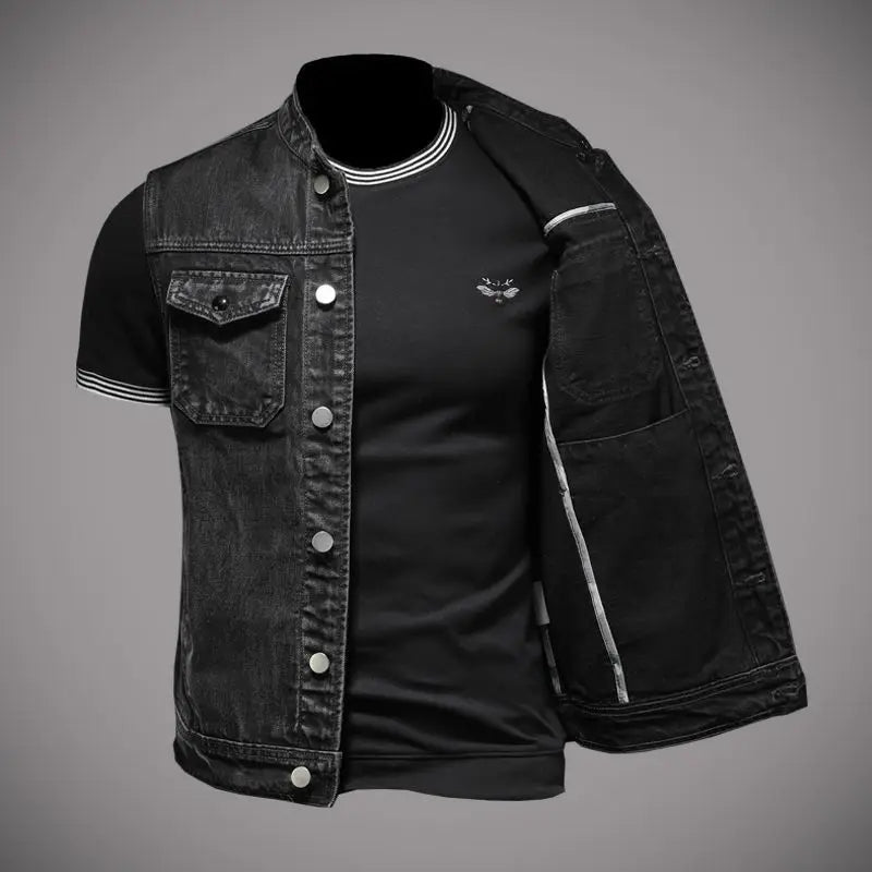 2024 New Men's Denim Jacket Motorcycle Vest Retro Fashion Casual Versatile Riding Clothes