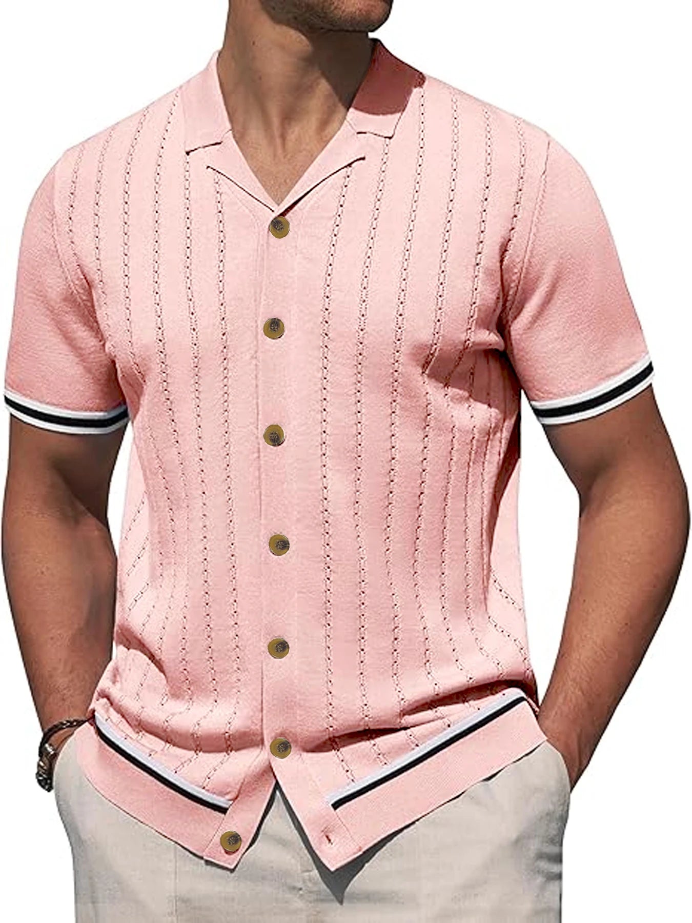 Summer Clothes Men's V Neck Textured Retro Button Front Knit Cardigan Regular Fit Plain Short Sleeve Collared Top