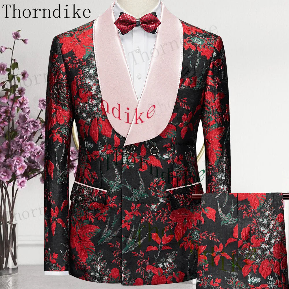 Thorndike 2023 New Design Burgundy Suits for Men 2 Piece Blazer Set Casual Double Breasted Travel Wear Jacket and Pant