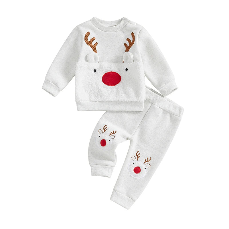 Kids Christmas Pajamas Set Elk Embroidery Long Sleeve Top Pants