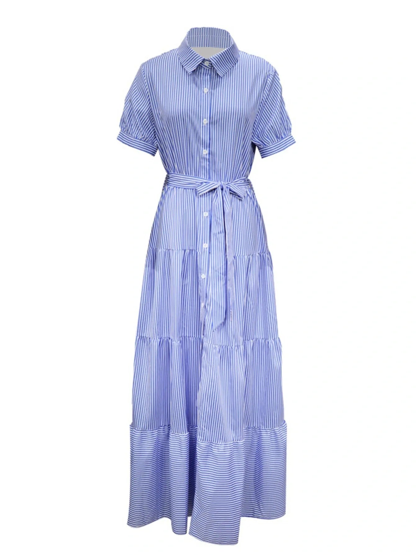 Women's New Fashion Stripe Printed Short Sleeve Loose Waist Strap Long Collar Ankle Single Breasted Dress