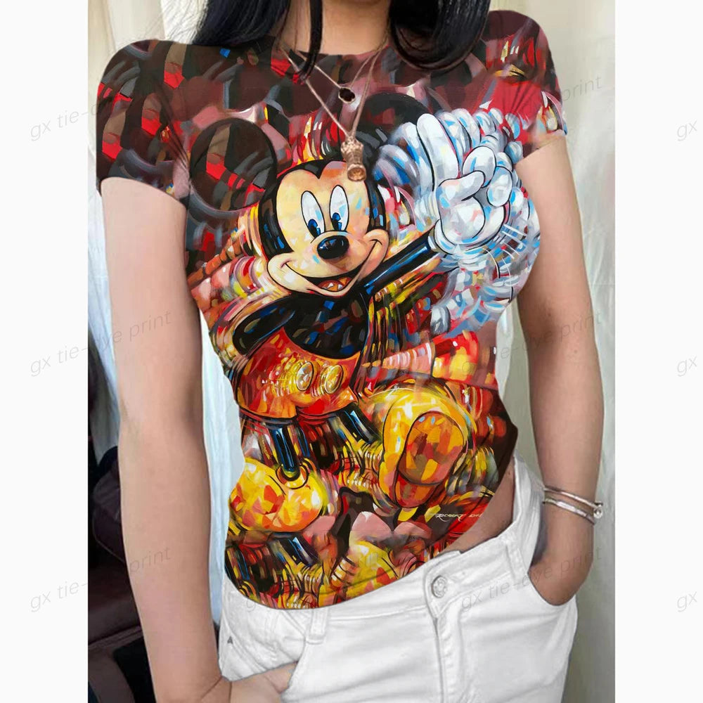 2024 Summer New Short Sleeve T-Shirt Women Mickey Mouse Print Simple Casual Soft All-Match Basic Tops Tees Summer Fashion