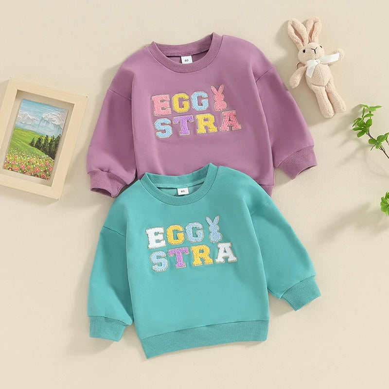 Lioraitiin 0-5 Years Toddler Kids Girls Boys Easter Rabbit Letter Fuzzy Embroidery Long Sleeve Sweatshirt Pullover Top