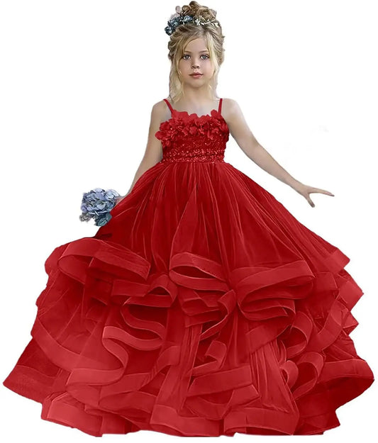 Formal Lace Appliques Shiny Princess Flower Girl Dress Floor Length Pleat Spaghetti Strap Luxury Full Ball Gown
