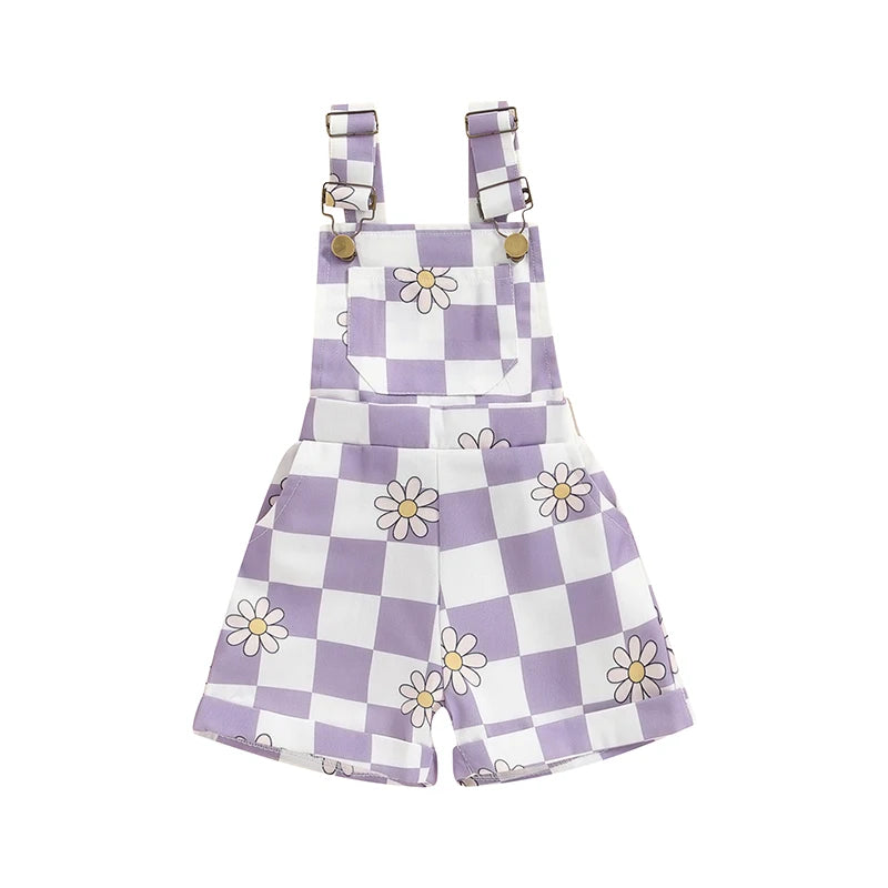 Lioraitiin Toddler Baby Girl Checkerboard Floral Print Summer Sleeveless Overalls Jumpsuit