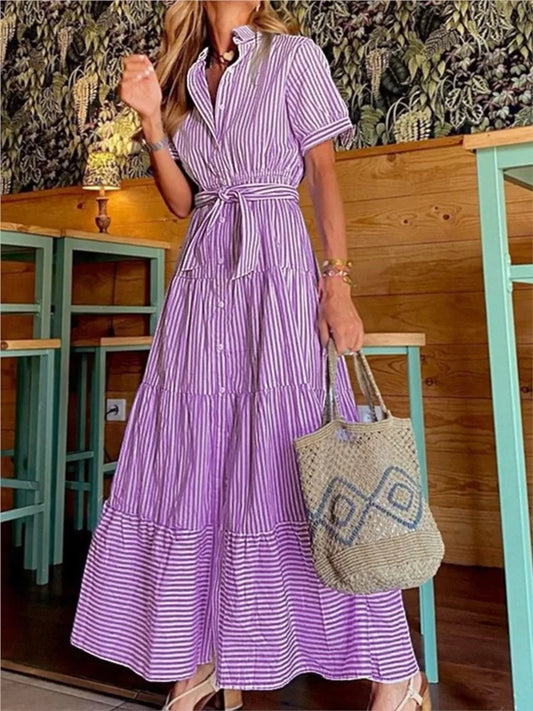 Women's New Fashion Stripe Printed Short Sleeve Loose Waist Strap Long Collar Ankle Single Breasted Dress