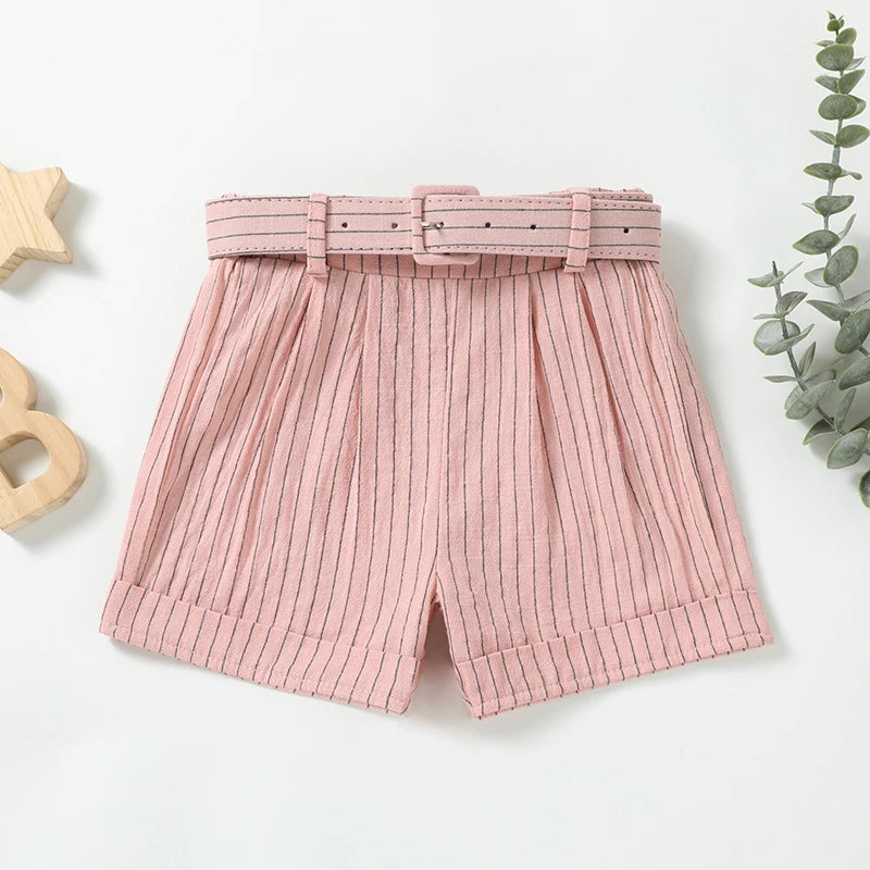 Lioraitiin Toddler Girl Summer Outfits Stripe Print Flutter Sleeve Tank Tops and Belted Shorts 2 Piece Set