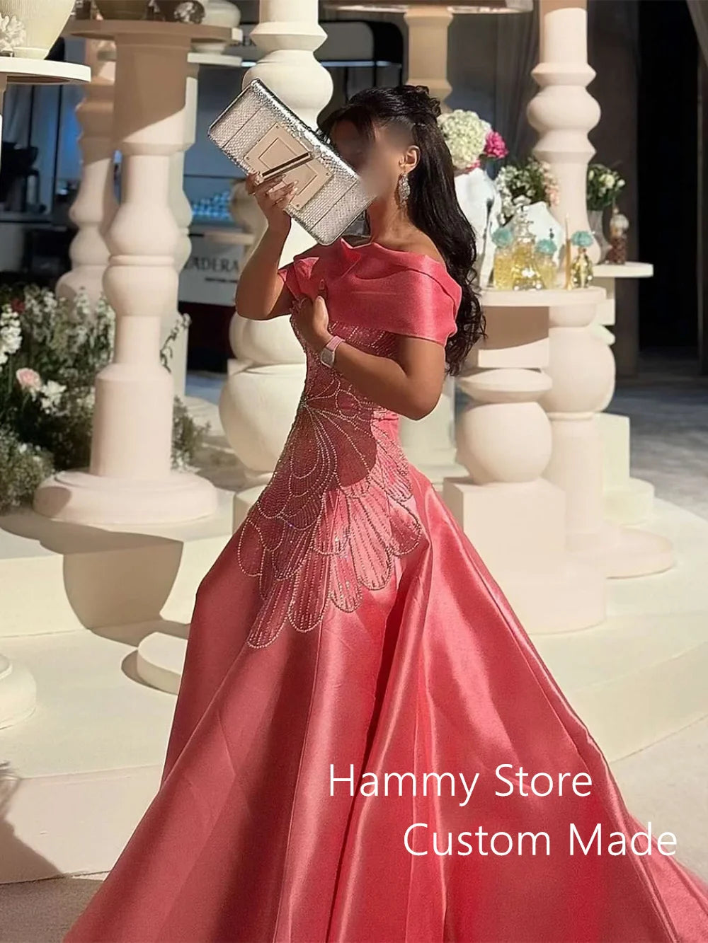 Evening Dress Customized Off The Shoulder Boat Neck Beading A Line Satin Prom Gown  Party Dresses Pageant