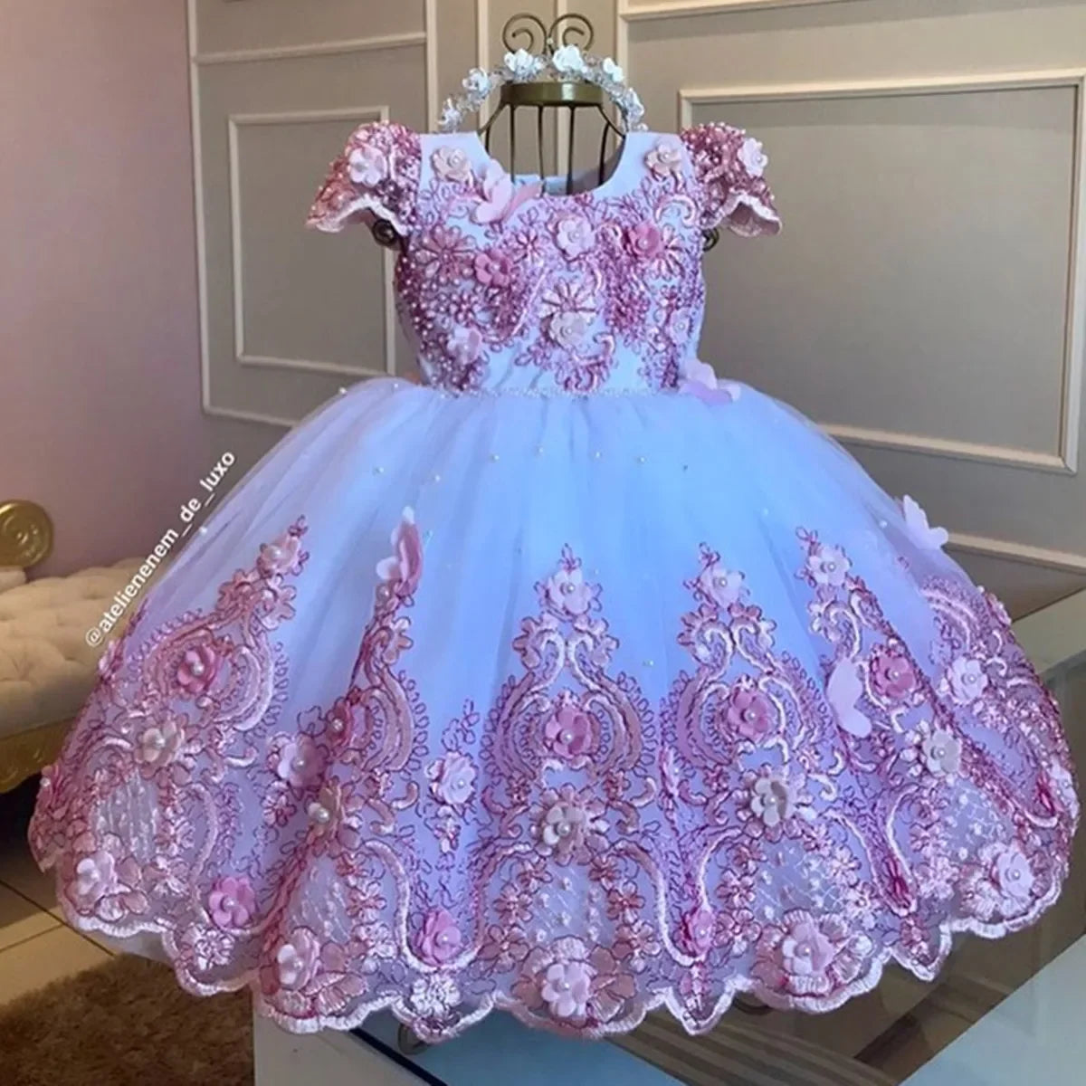 Luxury Baby Girl Birthday Dress with Lace and Pearls Infant Applique Princess Flower Girl Long Christmas Prom Ball Gown