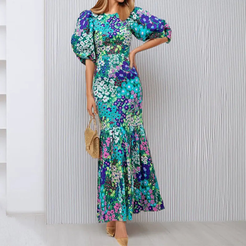 Elegant Blue Flower Print Lantern Sleeve And Ankle Fishtail Dress 2023 Summer Slim Bodycon O-neck Pastoral Style Party Dress