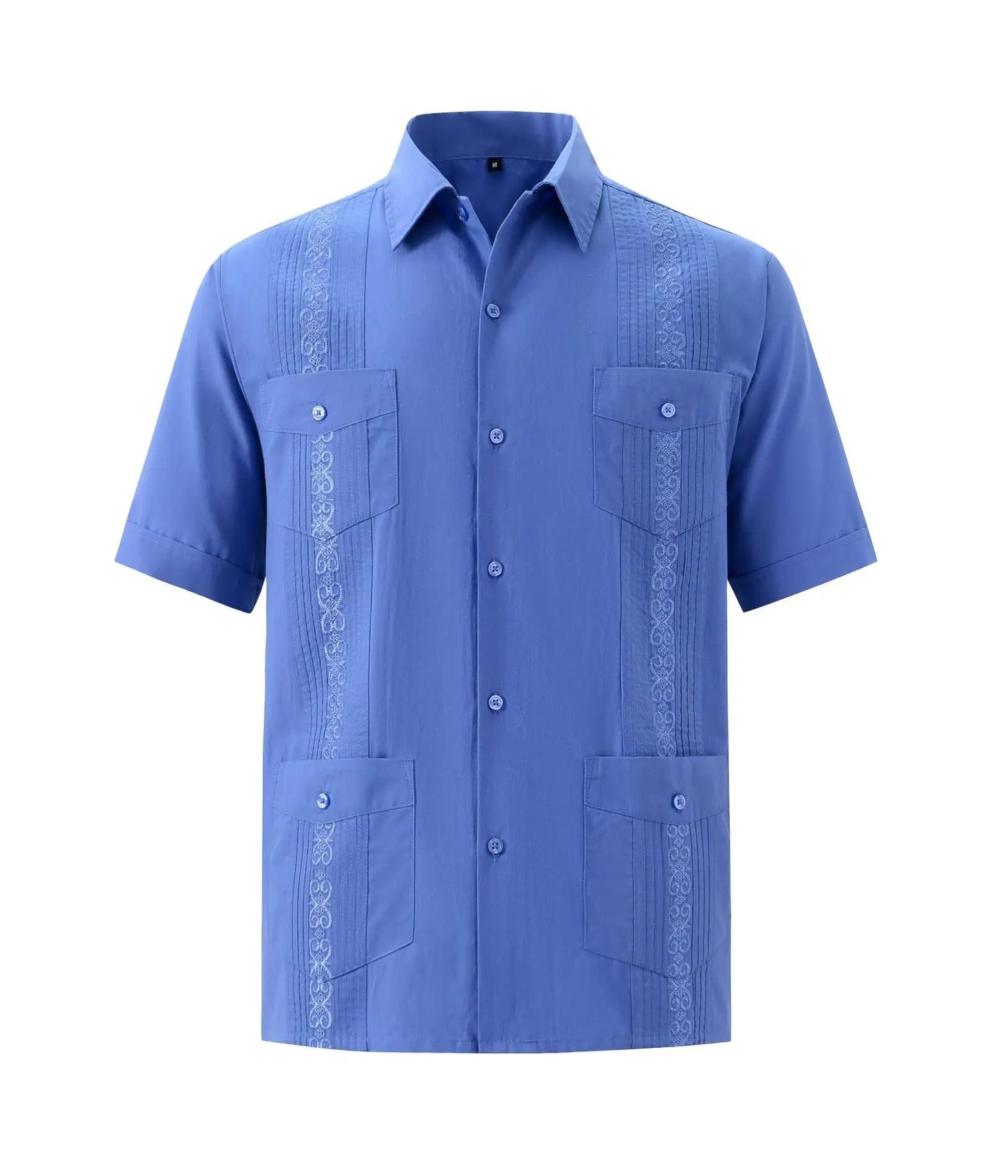 2025 Men's Cuban Guayabera Shirts Solid Long Sleeve Button Up Embroidery Dress Shirts Traditional Casual Four Pockets Tops