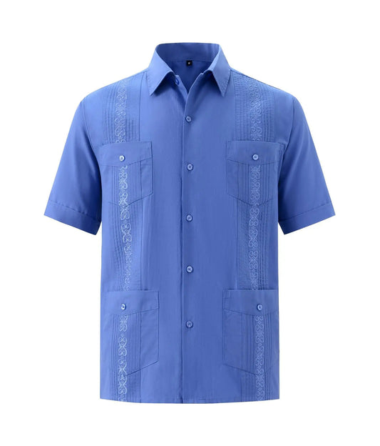 2025 Men's Cuban Guayabera Shirts Solid Long Sleeve Button Up Embroidery Dress Shirts Traditional Casual Four Pockets Tops