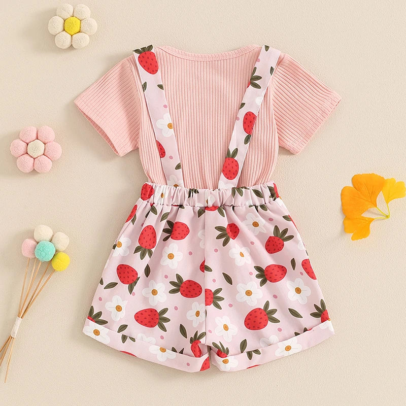 Lioraitiin Toddler Girl Summer Outfit Solid Color Ribbed Short Sleeve Top and Flower Print Suspender Shorts 2 Piece Set