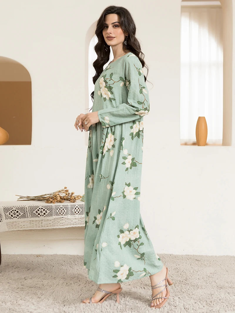 Casual Round Neck Floral Print Long Dress Mint Green for Women Stylish Regular Sleeve Spring Fashion