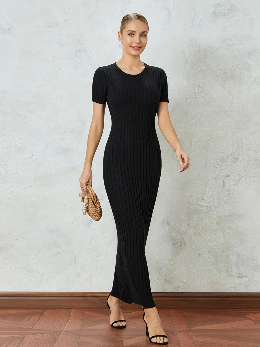 Women Fashion Long Velvet Dress Solid Color Round Neck Short Sleeve Summer Tie Up Party Rib Knit Ankle Length Dress