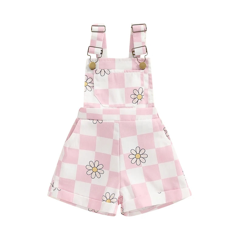 Lioraitiin Toddler Baby Girl Checkerboard Floral Print Summer Sleeveless Overalls Jumpsuit