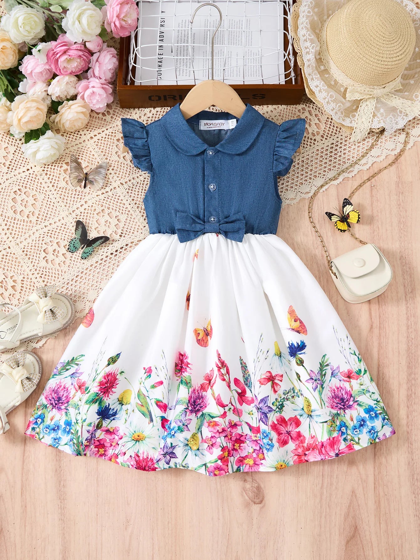 Children's Summer Casual Daily Dress Patchwork Cowboy Butterfly Floral Design Fashion Girls Dress
