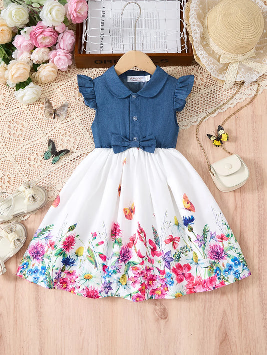 Children's Summer Casual Daily Dress Patchwork Cowboy Butterfly Floral Design Fashion Girls Dress