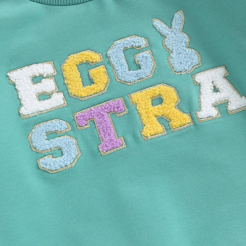 Lioraitiin 0-5 Years Toddler Kids Girls Boys Easter Rabbit Letter Fuzzy Embroidery Long Sleeve Sweatshirt Pullover Top