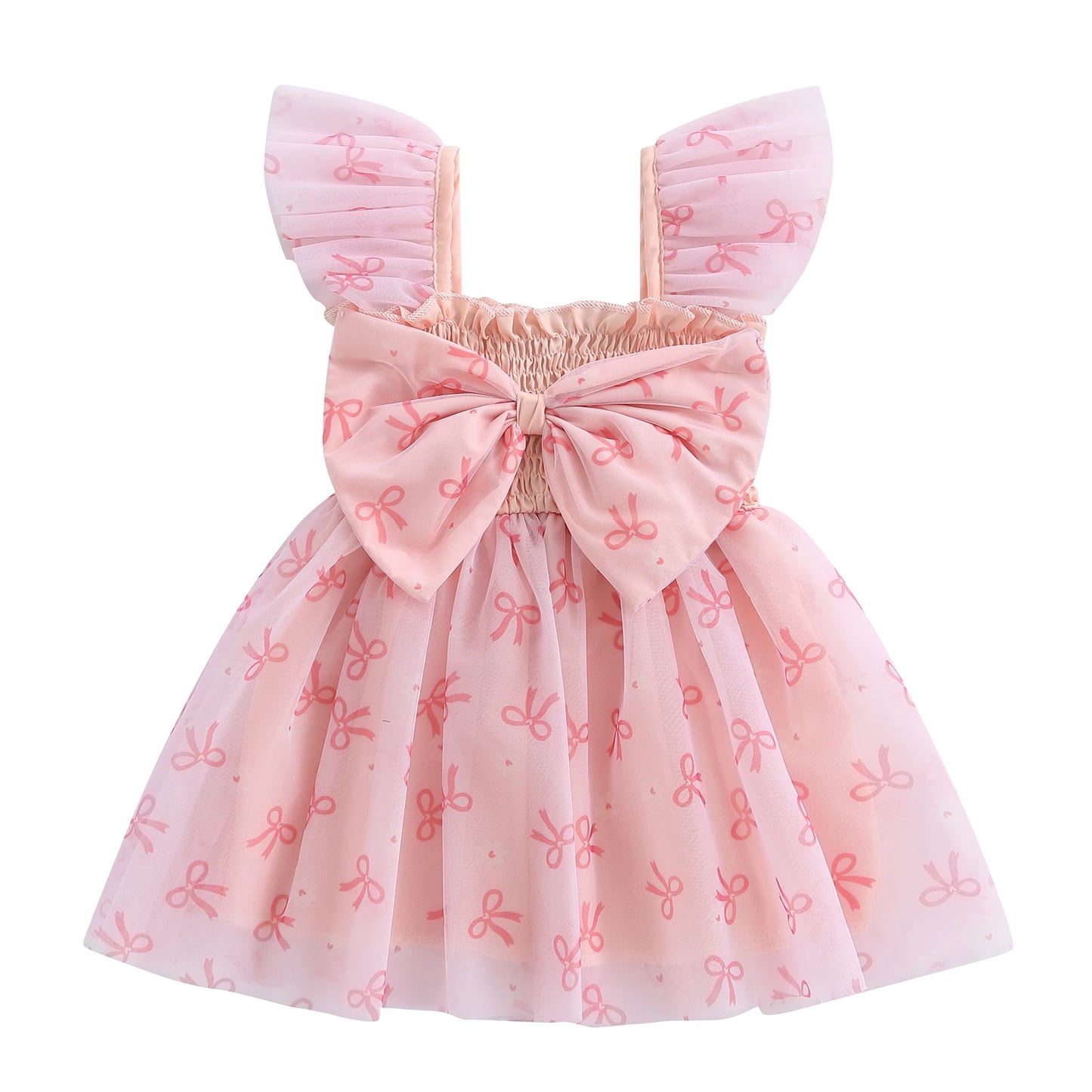 Pudcoco Toddler Girls Summer Tulle Dress Flying Sleeve Big Bow A-Line Dress for Ages 6 Months to 4 Years