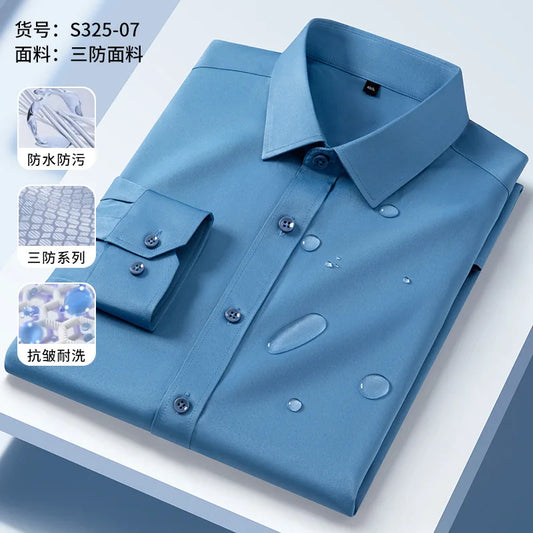 Oil Proof Waterproof Men's Formal Long Sleeve Shirt High Quality Business Leisure Free Ironing Slim Fit Three Prevention
