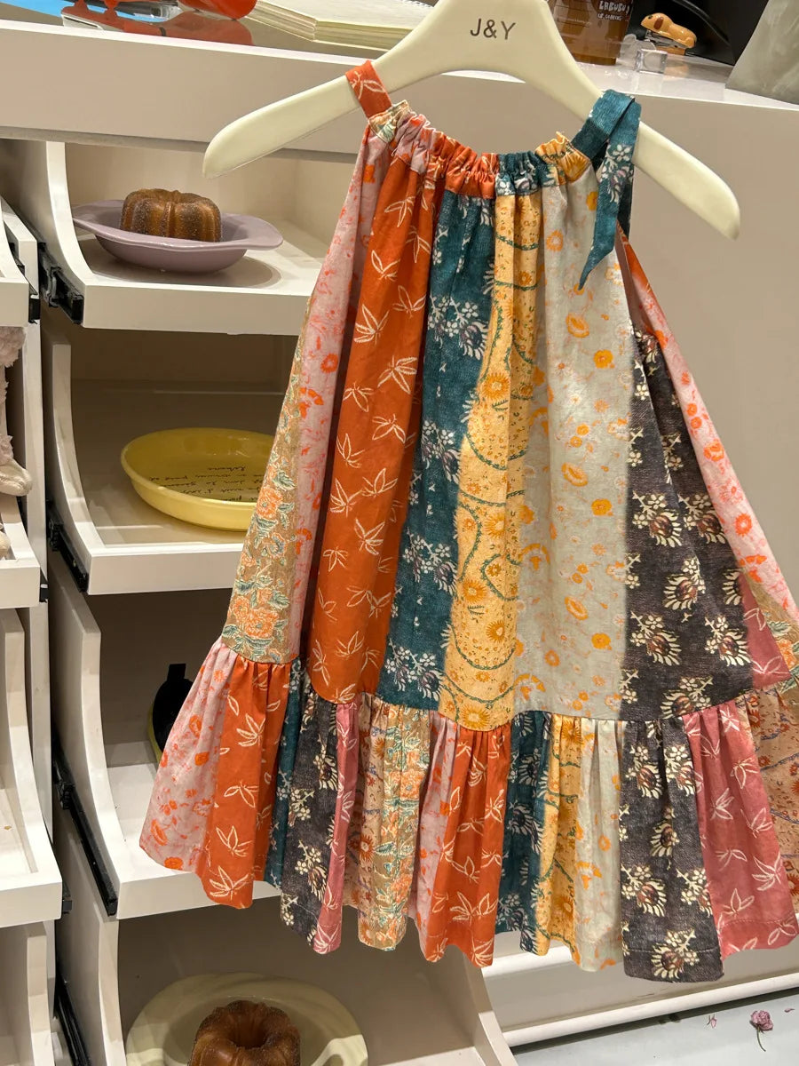 Girls Casual Dresses Floral Print Halter Sleeveless Top Dress