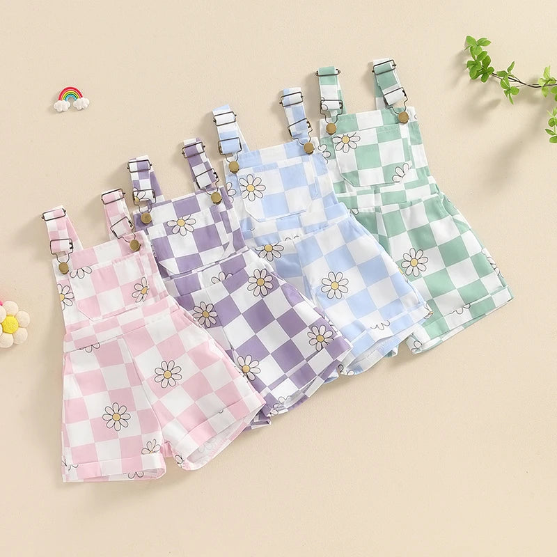 Lioraitiin Toddler Baby Girl Checkerboard Floral Print Summer Sleeveless Overalls Jumpsuit