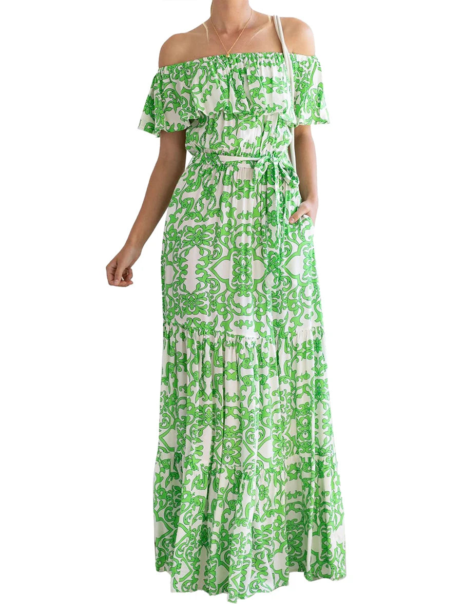 Women Long Off Shoulder Floral Print Casual Ankle Length Dress for Spring and Summer