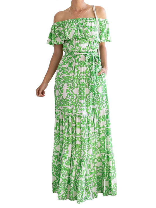 Women Long Off Shoulder Floral Print Casual Ankle Length Dress for Spring and Summer