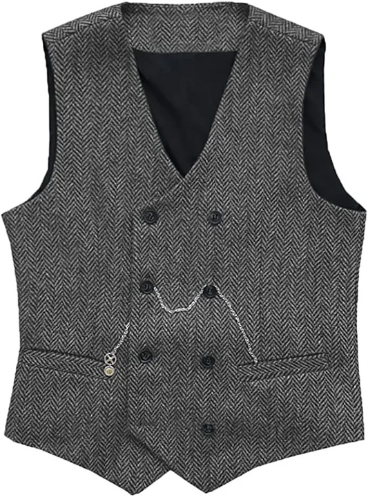 V Neck Men's Suit Vests Herringbone Wool Tweed Double Breasted Waistcoat Tuxedo Groomsmen Wedding Groom One Piece Vest